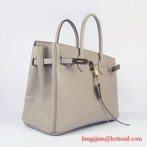 Hermes 35cm Embossed Veins Bag Grey Gold Hardware 6089